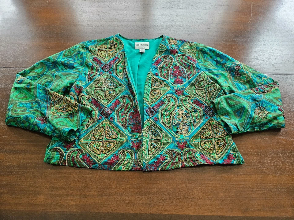 Chaqueta Bolero Chico’s Mujer Talla 2 (12) Verde Bordada 100% Seda Manga Larga Foto 1 de 4
