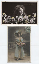 FRENCH PHOTO POSTCARDS, TINTED WITH POSTAGE STAMPS.SET OF TWO .