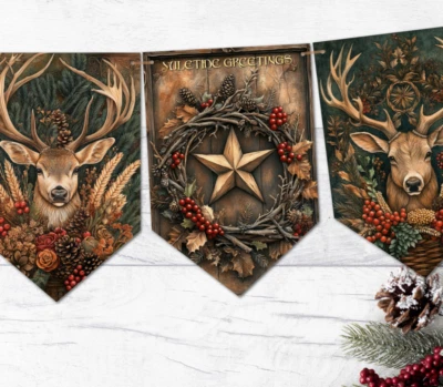 CUSH-N-CRAFT Rustic Wiccan Pagan Yuletide Woodland Christmas Bunting/Banner & Ribbon