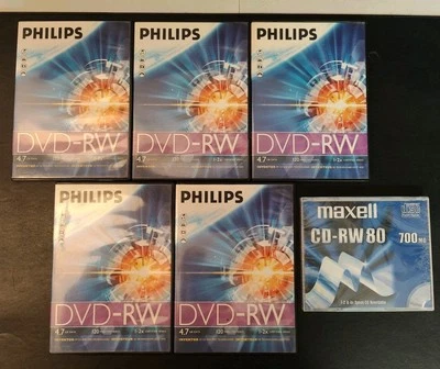 Philips 4.7GB DVD-RW 120 Mins Video 1-2x Speed Pack Of 5x Opened Unused W/ Cases - Image 1 of 4