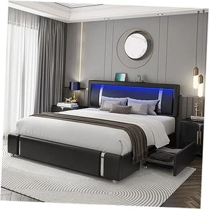Size Bed Frame with RGB LED Lights Headboard & 2 Storage Drawers, Full Black - Picture 1 of 7