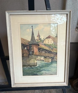 Vintage Aquarell Lithographie Druck Nicolas Markovitch Schweizer Stadtbrücke 13 x 17 Zoll - Bild 1 von 7