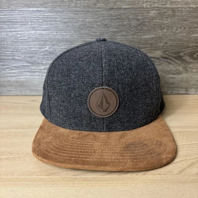 Volcom Hat Cap Snap Back One Size Gray Brown Suede Brim Patch Flat Bill Mens - Image 1 of 4