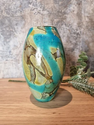 Mdina Glass Vase Tiger Blue Yellow Blue Green Oval C1970s Harris/Dobson - Image 1 of 4