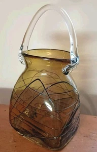 Murano mundgeblasene Kunstglas Tasche mit Gewinde Bernstein mit Henkel Venedig Italien - Bild 1 von 9