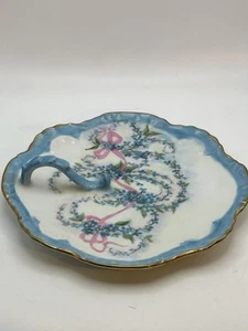 Vintage German Porcelain Nappy Dish Hand Painted 1986 Pink Ribbons Blue Flowers - Bild 1 von 10