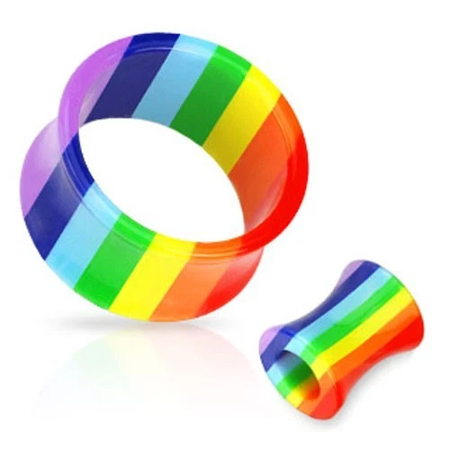 PAIR (2) DOUBLE FLARE GAY PRIDE FLAG RAINBOW ACRYLIC PLUGS TUNNELS SADDLES 6G-1" - Image 1 of 1