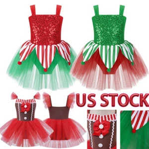Girls Xmas Sequin Dance Leotard Mesh Tutu Skirt Christmas Cosplay Elf Costume - Picture 1 of 43