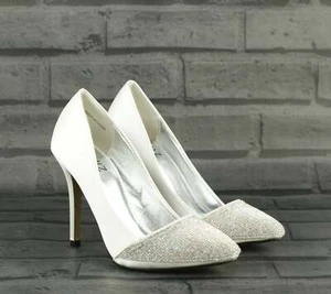 WOMENS LADIES SILVER HIGH HEEL DIAMANTE BRIDAL PROM EVENING COURT SHOES SIZE NEW - Picture 1 of 10