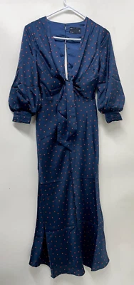 ASOS Womens 4 Satin Tie Front Midi Dress Button Detail Micro Spot Navy 105294484 - Image 1 of 3