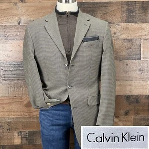 Calvin Klein Wool Sport Coat Men 40L Tan Houndstooth Blazer Suit Jacket 3 Button - Picture 1 of 17