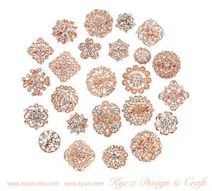24 pc Assorted Alloy Rose Gold Rhinestone Crystal Brooches Wedding Bouquet Cake