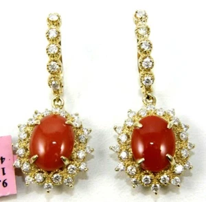Natural Oval Orange Coral & Diamond Halo Drop Earrings 14K Yellow Gold 6.51Ct - Picture 1 of 5
