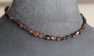 BROWN BRONZITE & BLUE IOLITE NUGGET NECKLACE ~ STERLING SILVER 18" IN LENGTH - Picture 1 of 2