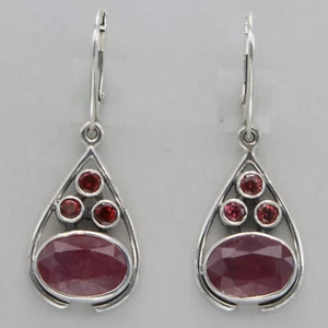 925 Sterling Silver - Red Oval Ruby & Garnet Leverback Drop Earrings Lever back - Picture 1 of 7