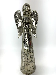 Kirklands Holiday Silver Metal 12" Tall Angel Holding Heart Swirl Texture - Picture 1 of 6
