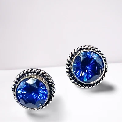Buy Faceted Topaz Gemstone Stud Tops Earring 925 Sterling Silver Plated Jewelry - Image 1 of 4