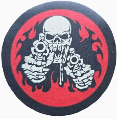 DEATH SKULL FLAMES DOUBLE REVOLVER BIKER OUTLAW SEW ON LEATHER PATCH 4 INCH - Image 1 of 3