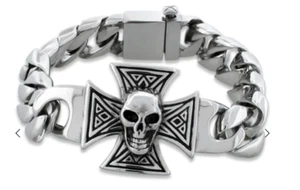 Skull / Iron Cross Stainless Steel Biker Bracelet 16mm Cuban Link 16 - Picture 1 of 2