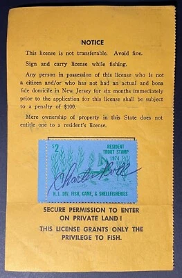 New Jersey 1974 Resident Fishing License #170721 - used - w/Trout Stamp - NJ - Image 1 of 2