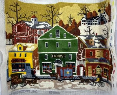 1980 Dimensions needlepoint village fall winter completed 17X22 unframed Granny - Image 1 of 4