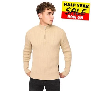 Crosshatch Havaline Herren Designer Freizeit Strick 1/4 Reißverschluss Pullover Beige - Bild 1 von 5