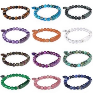 Semi-precious gemstone beads Heart Charm stretch bracelet 7" - Picture 1 of 168