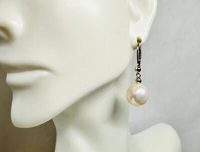 Genuine 11mm Round Freshwater Pearl & 14KY Gold Filled Ball Lever Back Earrings - Image 1 of 4