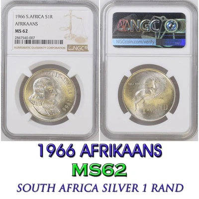 1966 Silver 1 RAND NGC MS 62 South Africa  R1 AFRIKAANS - Image 1 of 3