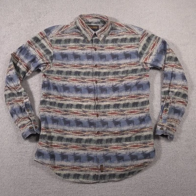 Camisa masculina vintage Woolrich grande azul vida selvagem alce urso padrão ocidental anos 90 - Imagem 1 de 4