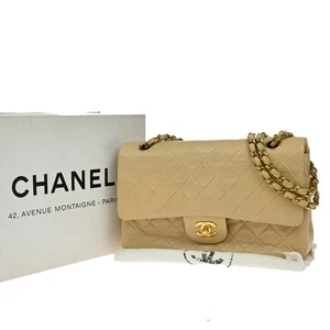 CHANEL Matelasse 25 Double Flap Shoulder Bag Leather Beige Vintage 318RF457 - Picture 1 of 21