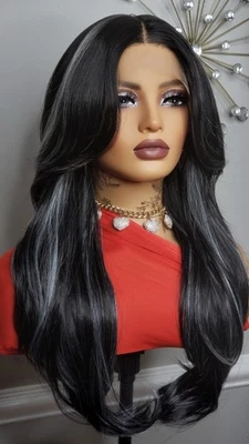 New Long Face Framing Curls Style Lace Front Wig Silver Black Gray Highlights - Image 1 of 4