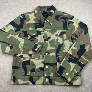 Lucky Brand Camo Trucker Jacket Mens Small Green Camouflage Woodland Army Hippie - Picture 1 of 16
