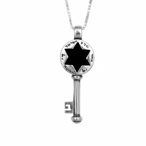 Shema Israel Blessing Star of David Jewish Key Pendant Silver 925 Black Onyx - Picture 1 of 3