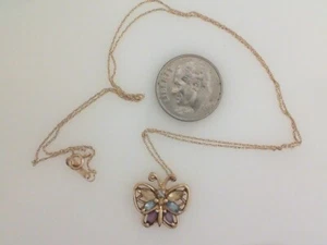 Lovely Butterfly Pendant With Garnet, Blue Topaz, Amethyst & Diamond 10 Kt Gold  - Picture 1 of 2
