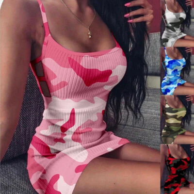 Mini vestido corto ajustado de mujer Club de fiesta sexy de camuflaje Sin mangas Foto 1 de 4