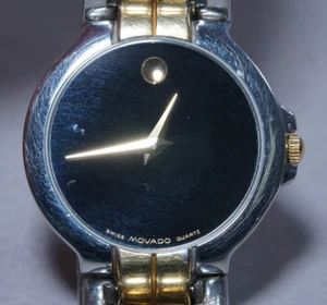 MOVADO 81 A1 844 Wrist Watch, Silver & Gold Bracelet, Black Dial - New Battery - Picture 1 of 12