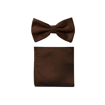 Nuevo Pajarita Formal Para Hombre Pre Atado y Bolsillo Cuadrado Pañuelo Marrón Sólido Boda Foto 1 de 4