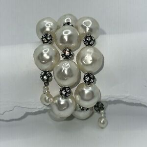 Large Faux Pearl Wrap Bracelet Alternating with Black and Rhinestone Beads