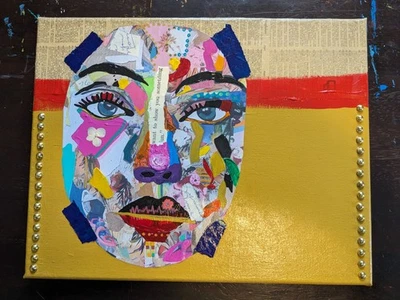 Arte colorido de la cultura pop, collage facial femenino de medios mixtos y pintura aarilica Foto 1 de 4