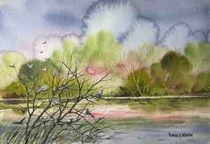 7 x 10 Zoll Original Aquarell Pamela Wilhelm skurrile Sommervögel im Baum am See - Bild 1 von 2