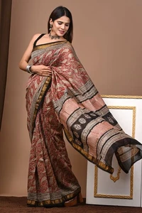 Jaipur Hand Block Printed Silk Saree For Women Designer Party Wear Sari Blouse - Picture 1 of 4
