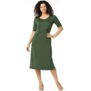 NWT H BY HALSTON RUCHED WAIST MIDI DRESS MP MEDIUM P (PETITE)-CYPRESS GREEN - Picture 1 of 11