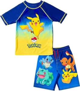 Boys Pokemon Swim Trunks Shorts Swimsuit Rash Guard Shirt Set Pikachu 4 5 6 7 8 - Picture 1 of 4