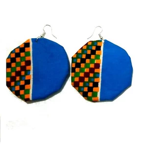 Blue African Print Ankara Kente Prints Hook Earrings - 2.5" inch (50mm) . - Picture 1 of 1