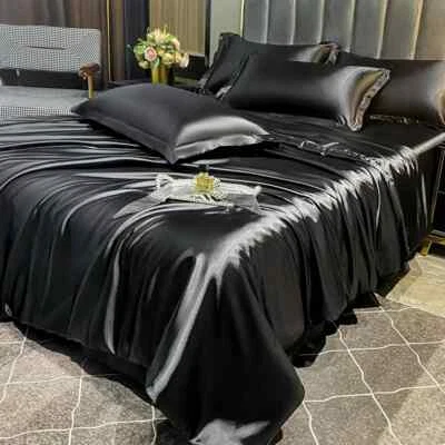 Juego de cama de lujo satinado mezcla lisa con funda de edredón sábanas fundas de almohada Foto 1 de 4