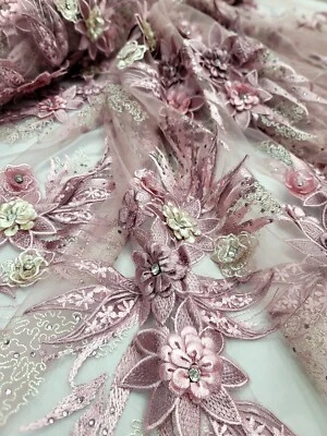 Fabric Sold By The Yard 3d Floral Lace Dusty Rose Embroidery Mauve Rhinestones  - Image 1 of 4