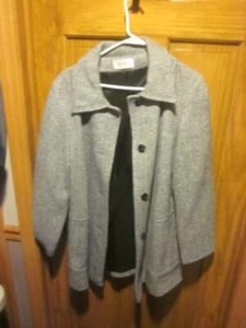 Vintage Kay Boys Wool Coat Women Large Gray Herring Bone Button Front USA - Picture 1 of 5