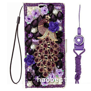 Purple Peacock Girly Bling Diamonds Luxury Leather Flip Wallet Women Phone Cases