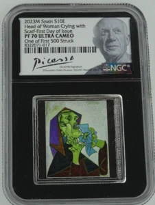 2023 Spain Picasso Head Woman Crying Scarf NGC PF 70 10 Euro First 500 FDOI - Picture 1 of 4